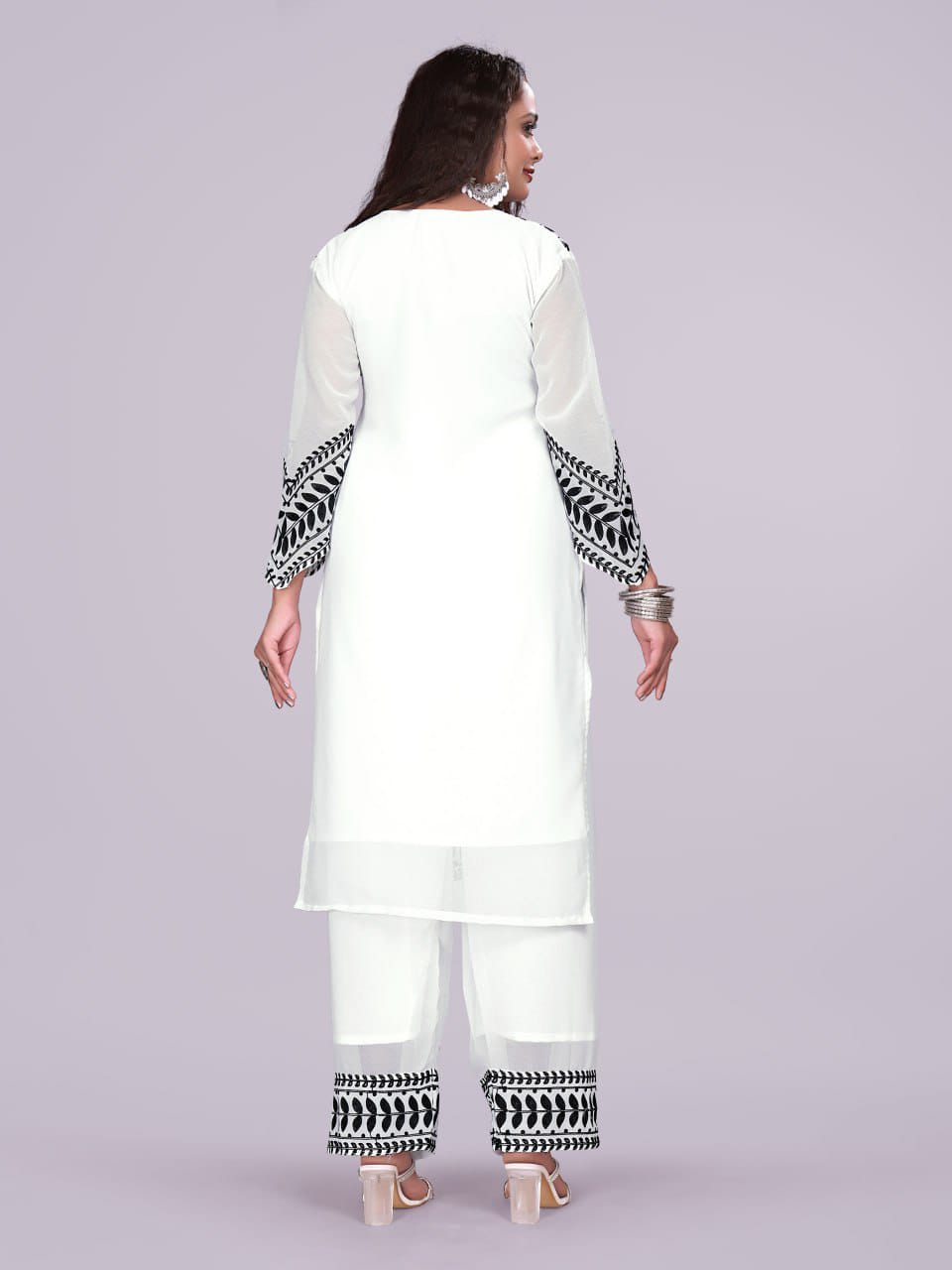ZARIYAAN White & Black Elegance Embroidered Kurti Pant Set