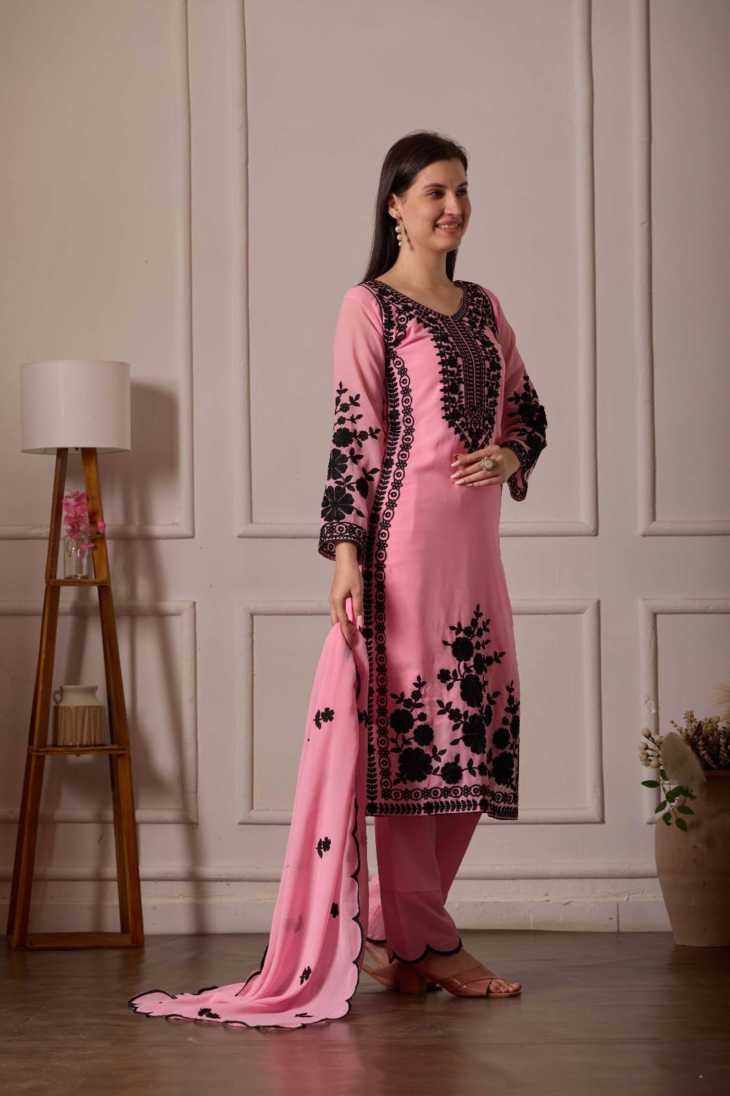 ZARIYAAN Premium Pink & Black Floral Embroidered 3-Piece Suit Set with Dupatta