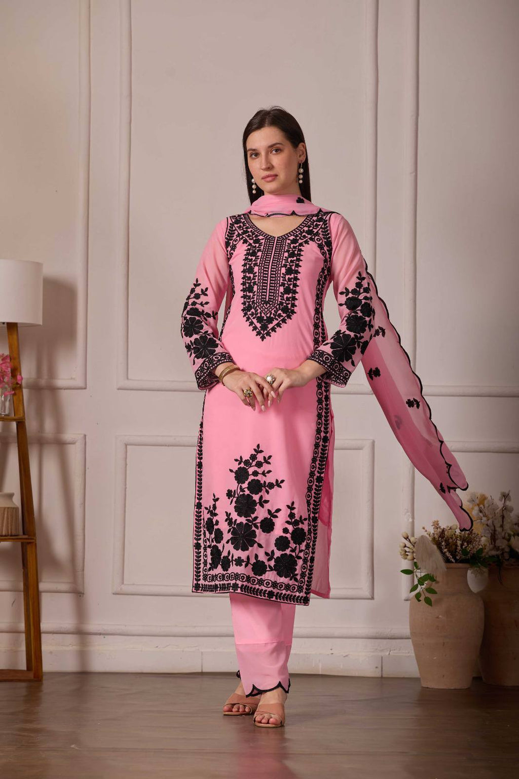 ZARIYAAN Premium Pink & Black Floral Embroidered 3-Piece Suit Set with Dupatta