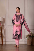 ZARIYAAN Premium Pink & Black Floral Embroidered 3-Piece Suit Set with Dupatta
