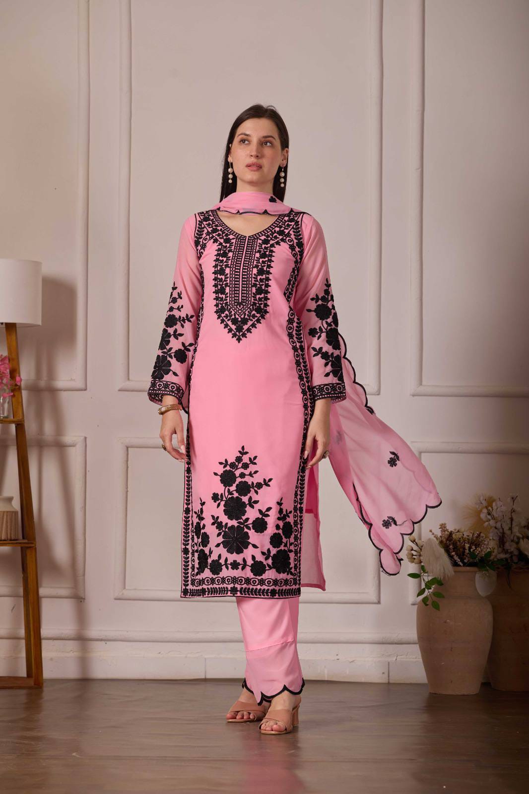 ZARIYAAN Premium Pink & Black Floral Embroidered 3-Piece Suit Set with Dupatta