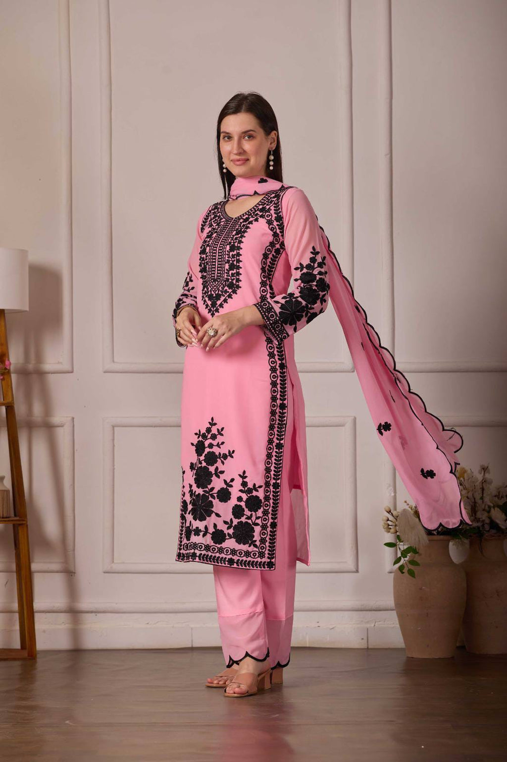 ZARIYAAN Premium Pink & Black Floral Embroidered 3-Piece Suit Set with Dupatta