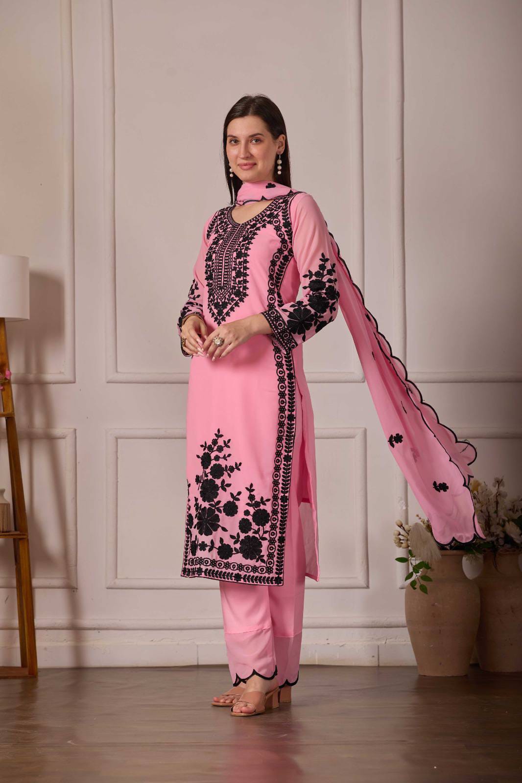 ZARIYAAN Premium Pink & Black Floral Embroidered 3-Piece Suit Set with Dupatta
