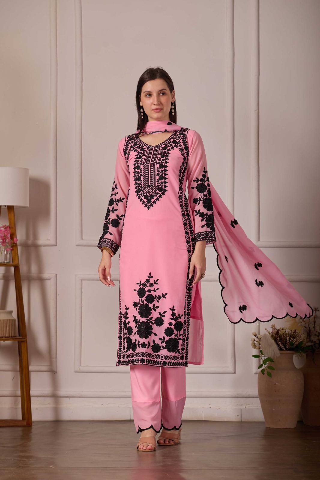 ZARIYAAN Premium Pink & Black Floral Embroidered 3-Piece Suit Set with Dupatta