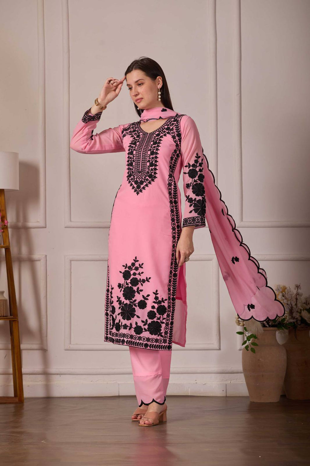 ZARIYAAN Premium Pink & Black Floral Embroidered 3-Piece Suit Set with Dupatta