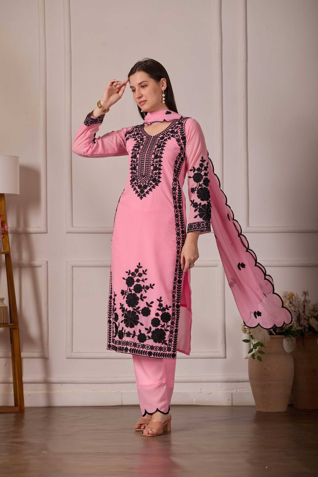 ZARIYAAN Premium Pink & Black Floral Embroidered 3-Piece Suit Set with Dupatta