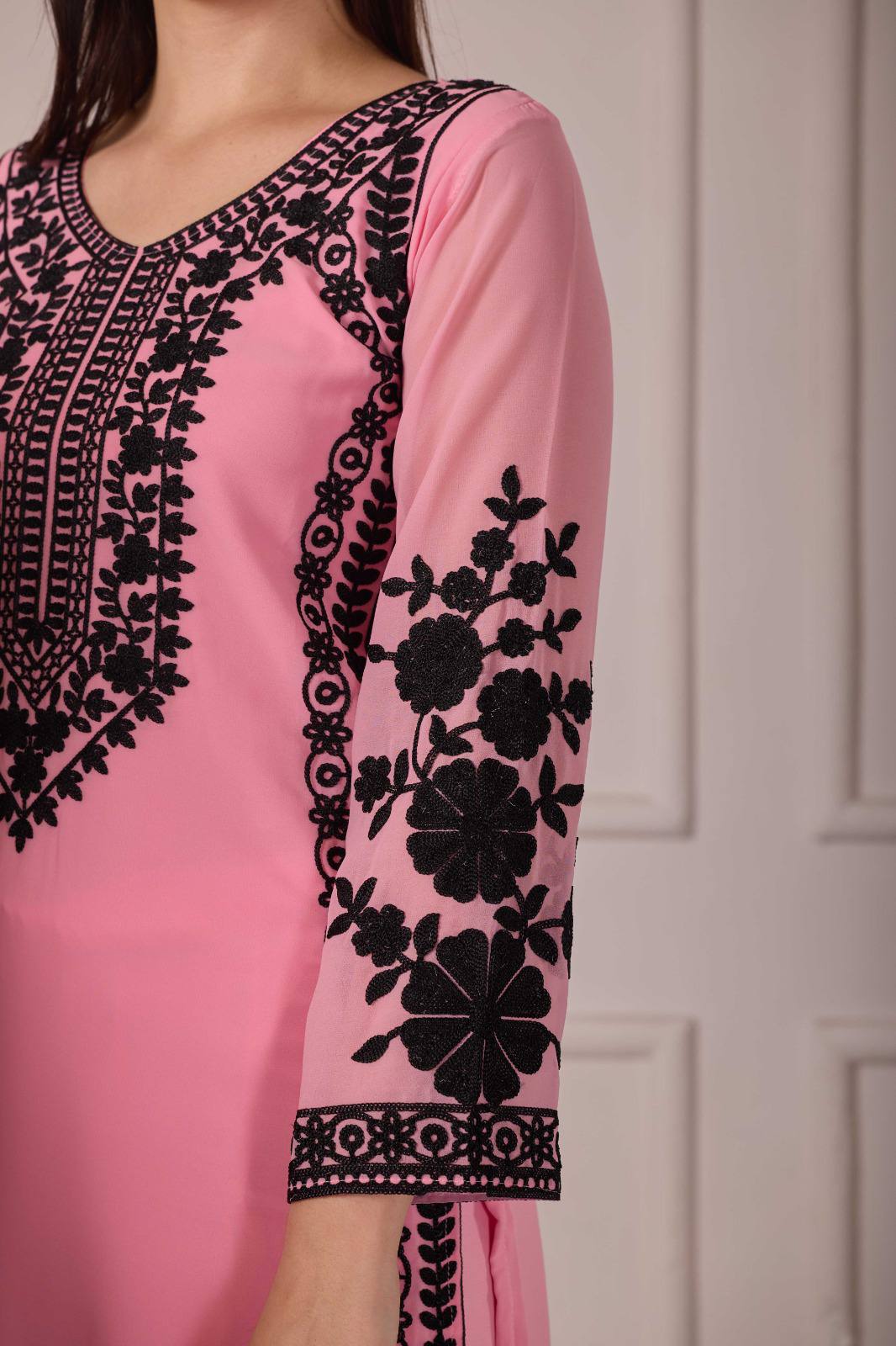 ZARIYAAN Premium Pink & Black Floral Embroidered 3-Piece Suit Set with Dupatta