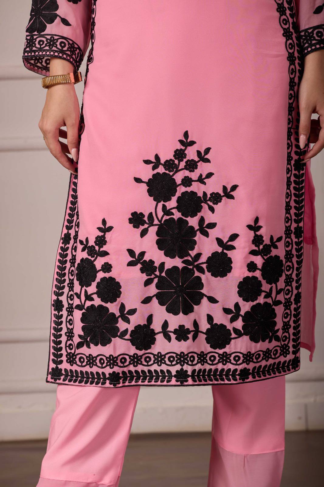 ZARIYAAN Premium Pink & Black Floral Embroidered 3-Piece Suit Set with Dupatta