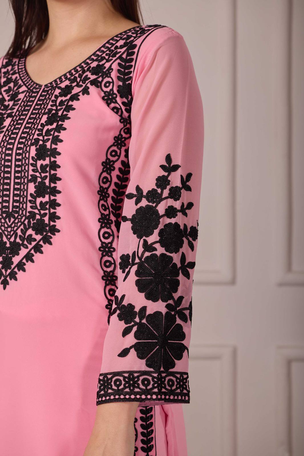 ZARIYAAN Premium Pink & Black Floral Embroidered 3-Piece Suit Set with Dupatta