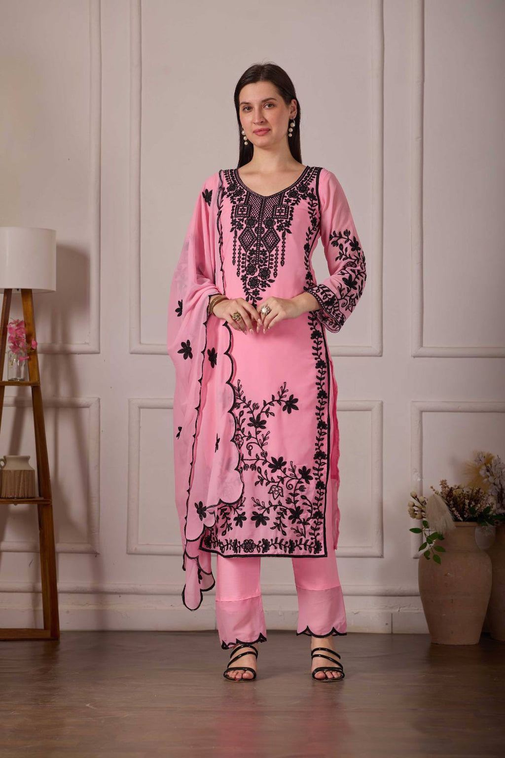 ZARIYAAN Pink Blossom – Elegant Black Floral Embroidered Designer Suit Set