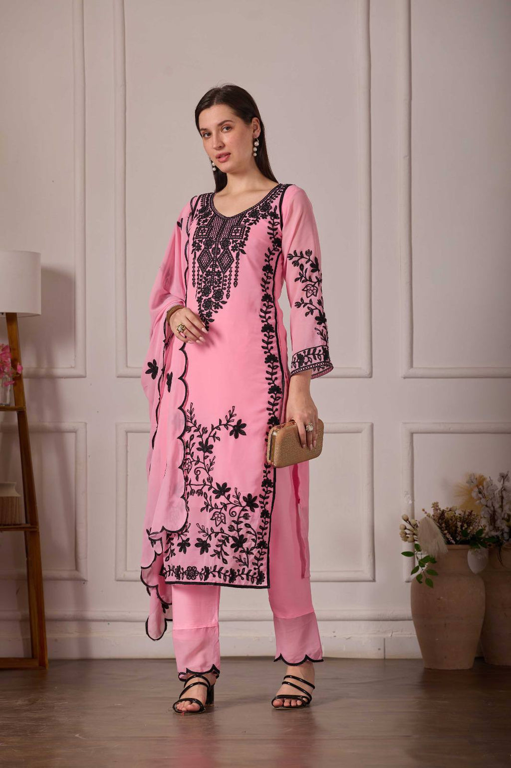 ZARIYAAN Pink Blossom – Elegant Black Floral Embroidered Designer Suit Set