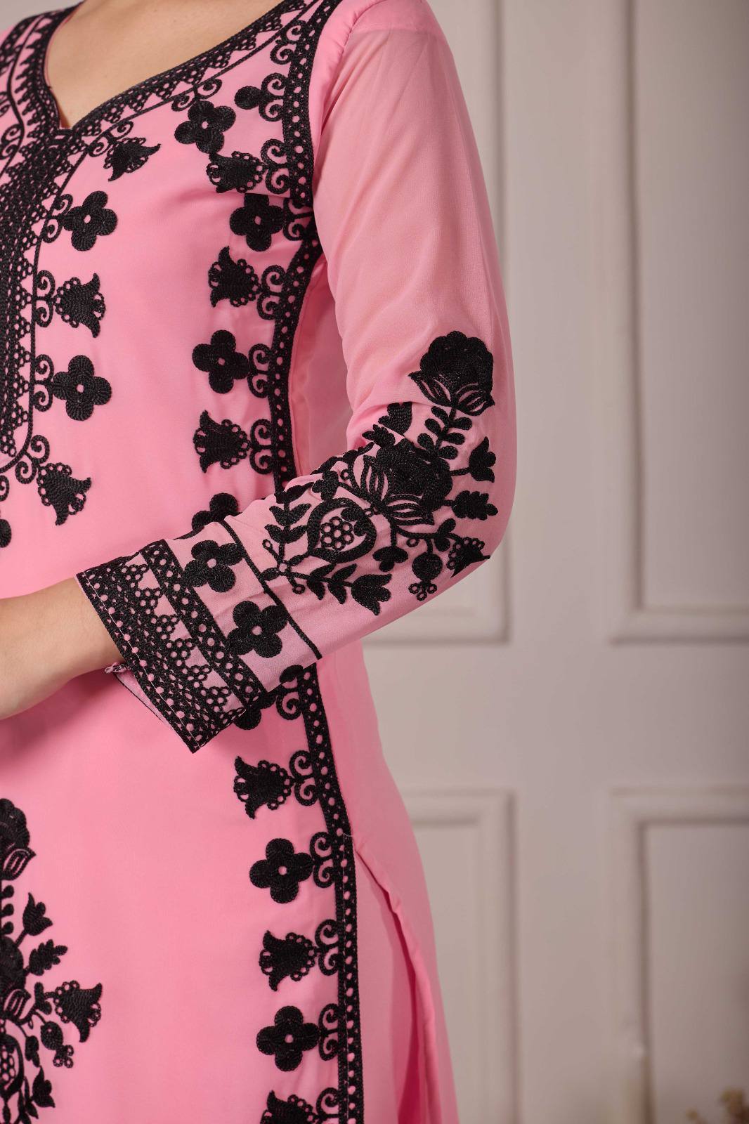 ZARIYAAN Pink Blossom Series-8  Elegant Black Floral Embroidered Designer Suit Set