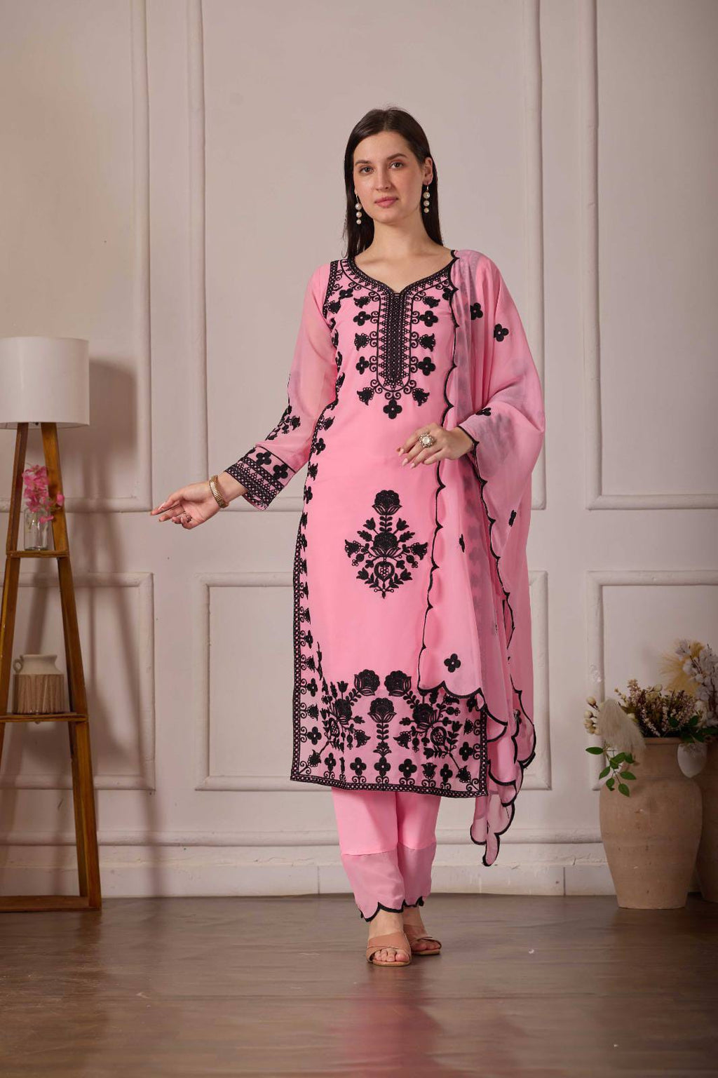 ZARIYAAN Pink Blossom Series-8  Elegant Black Floral Embroidered Designer Suit Set
