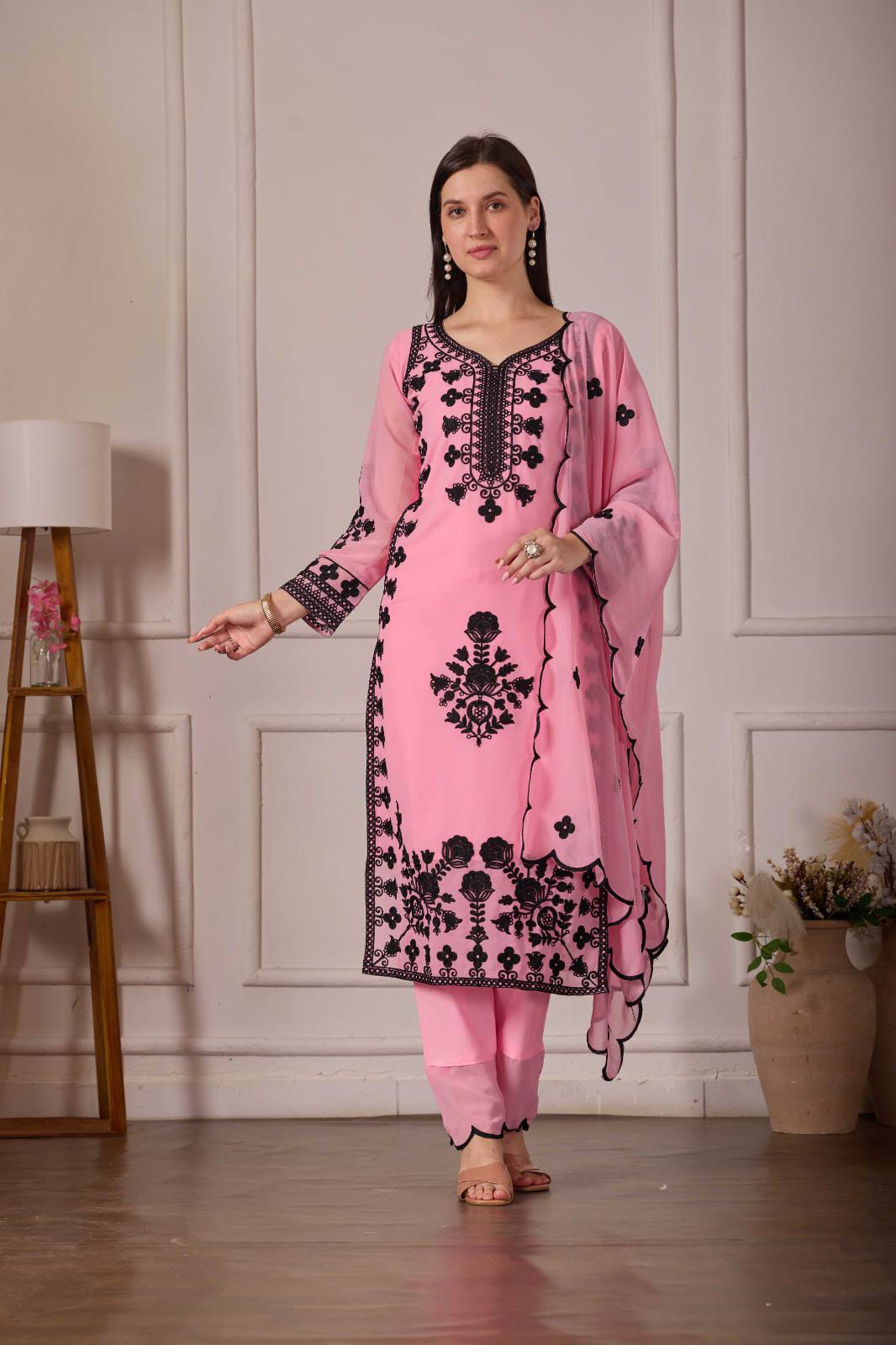 ZARIYAAN Pink Blossom Series-8  Elegant Black Floral Embroidered Designer Suit Set
