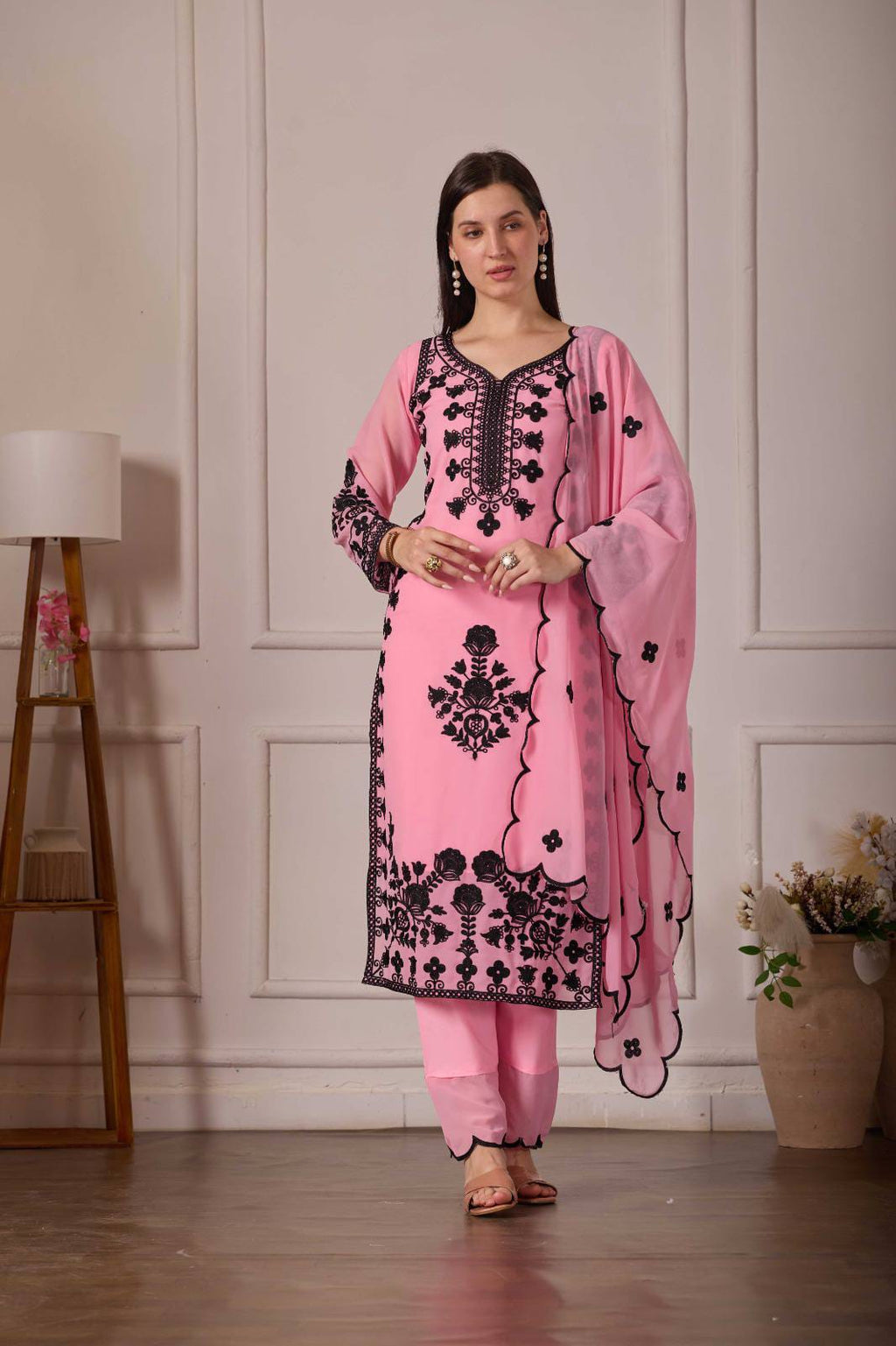 ZARIYAAN Pink Blossom Series-8  Elegant Black Floral Embroidered Designer Suit Set