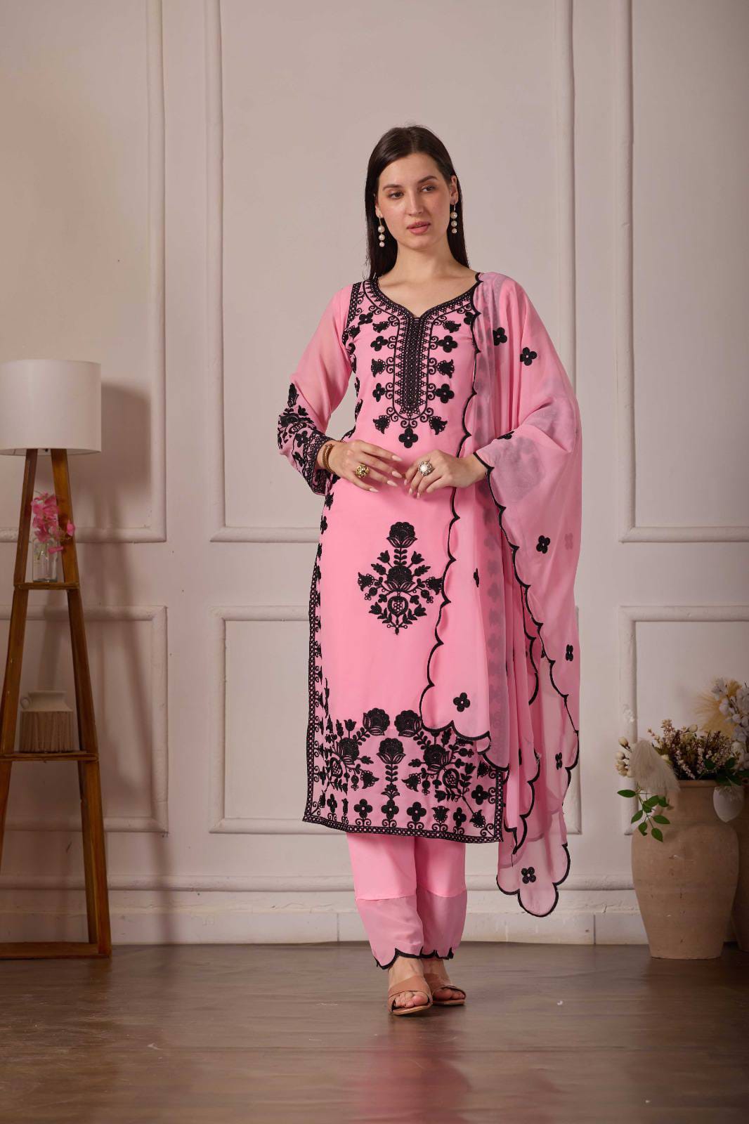 ZARIYAAN Pink Blossom Series-8  Elegant Black Floral Embroidered Designer Suit Set