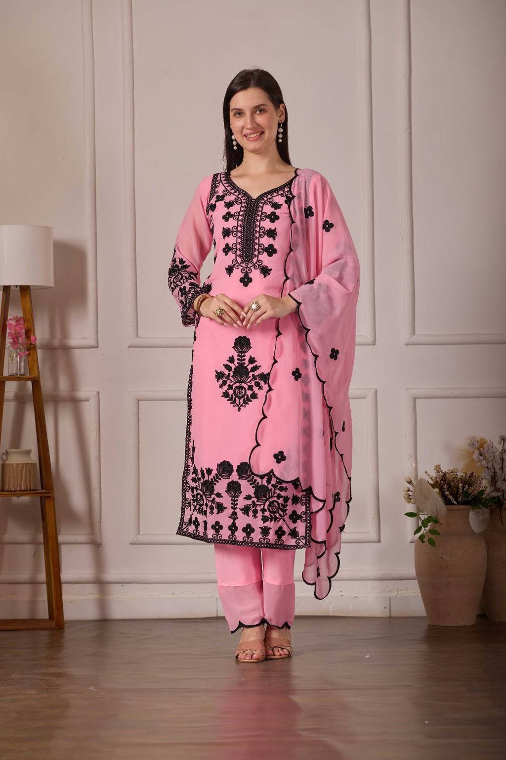 ZARIYAAN Pink Blossom Series-8  Elegant Black Floral Embroidered Designer Suit Set