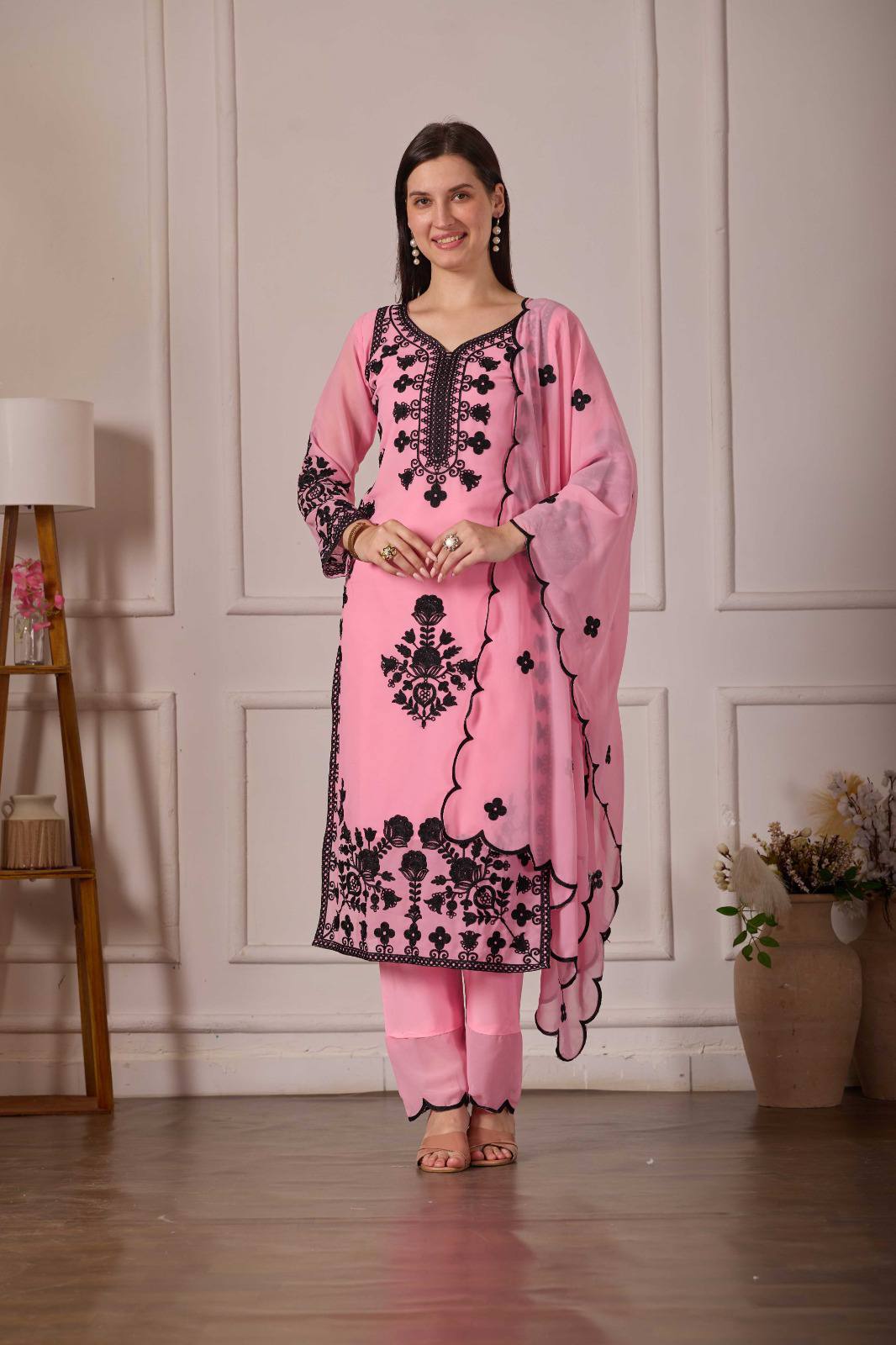 ZARIYAAN Pink Blossom Series-8  Elegant Black Floral Embroidered Designer Suit Set
