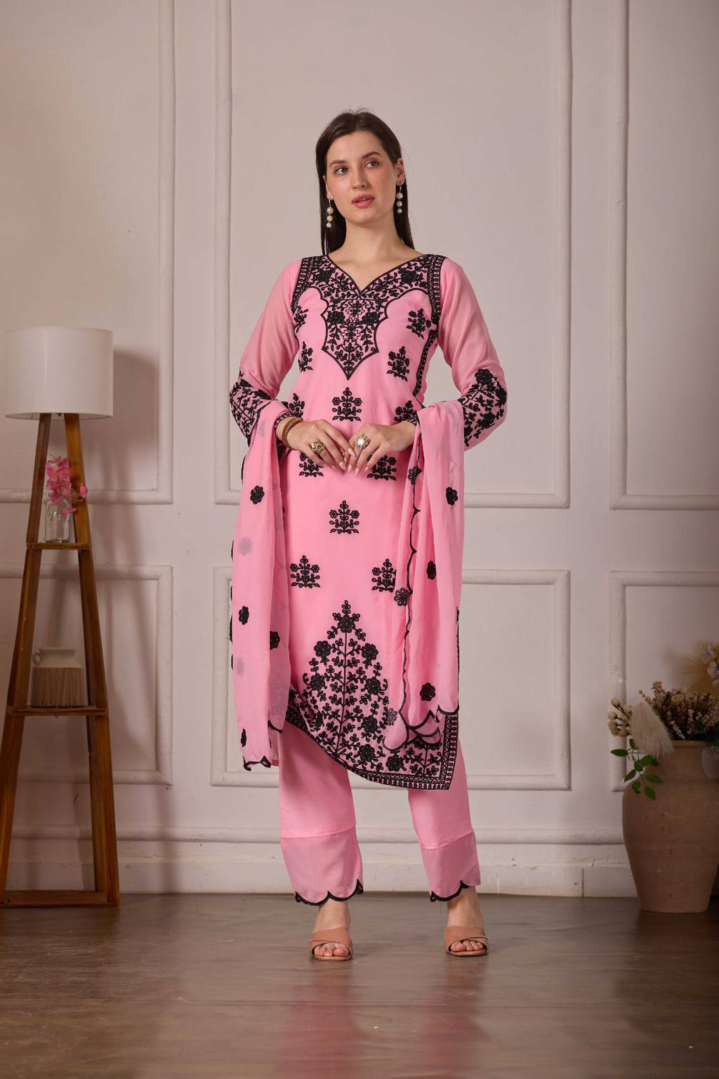 ZARIYAAN Pink Blossom Series-9 | Elegant Black Floral Embroidered Work Designer Suit Set