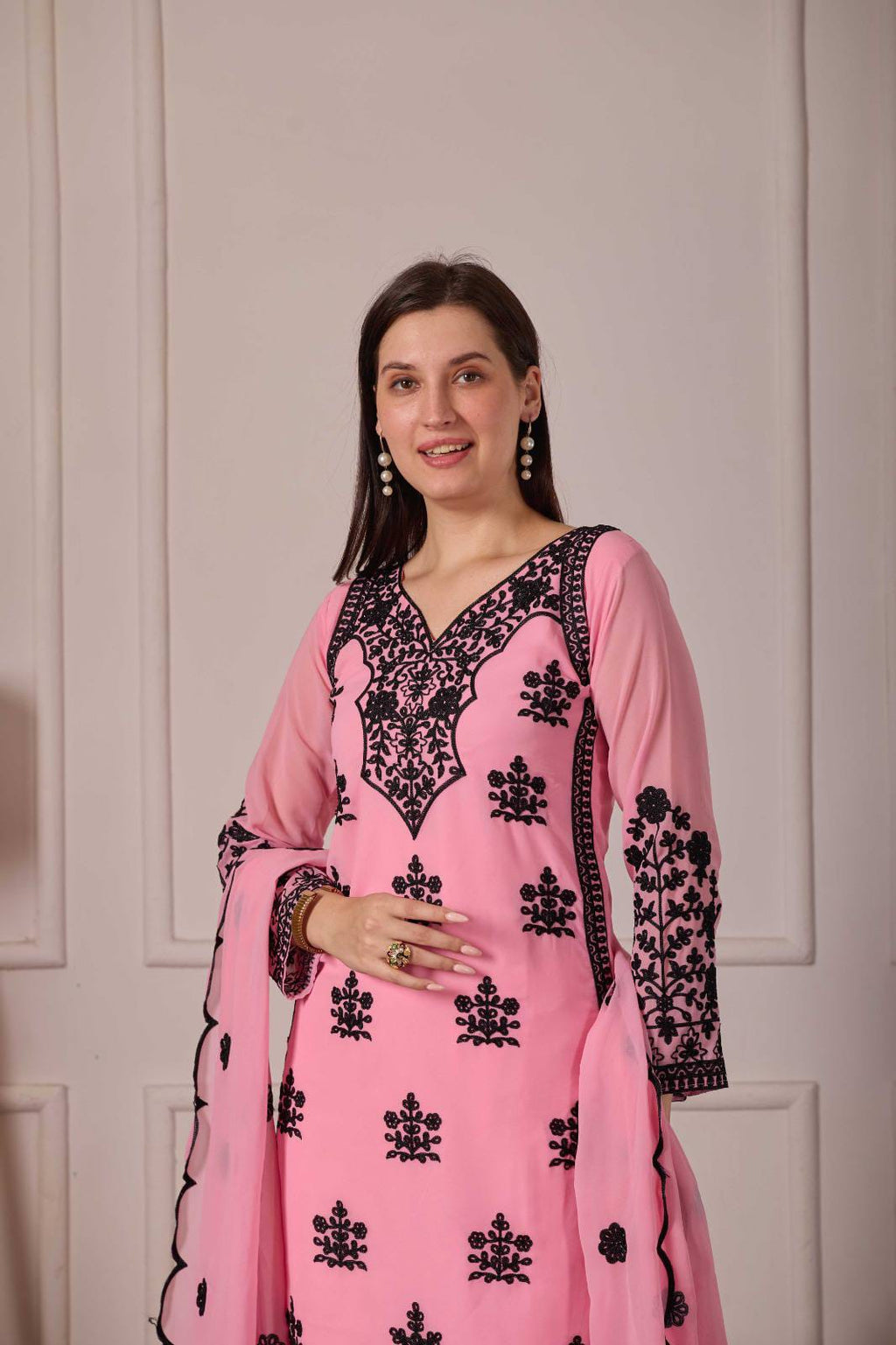 ZARIYAAN Pink Blossom Series-9 | Elegant Black Floral Embroidered Work Designer Suit Set