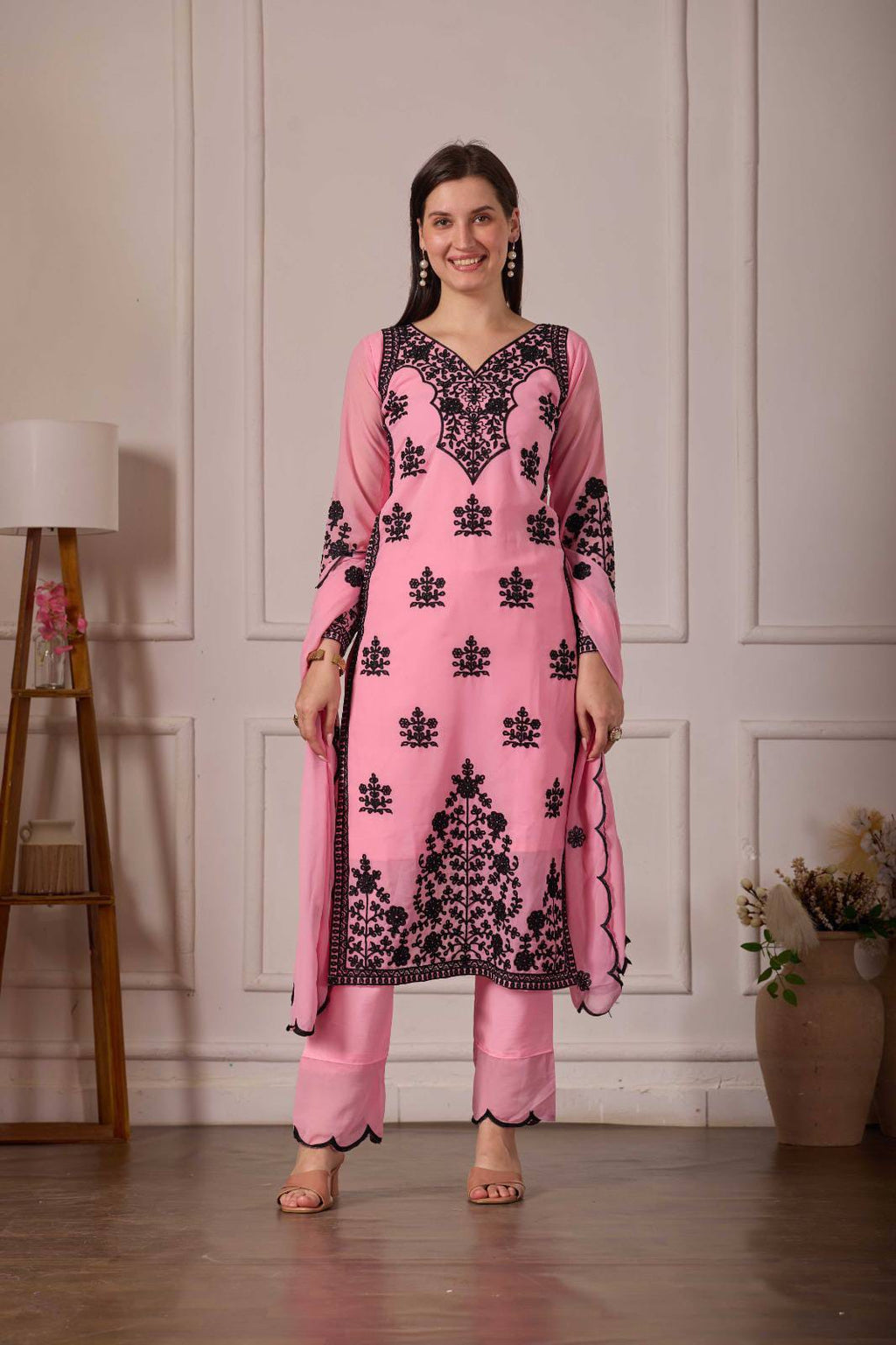 ZARIYAAN Pink Blossom Series-9 | Elegant Black Floral Embroidered Work Designer Suit Set