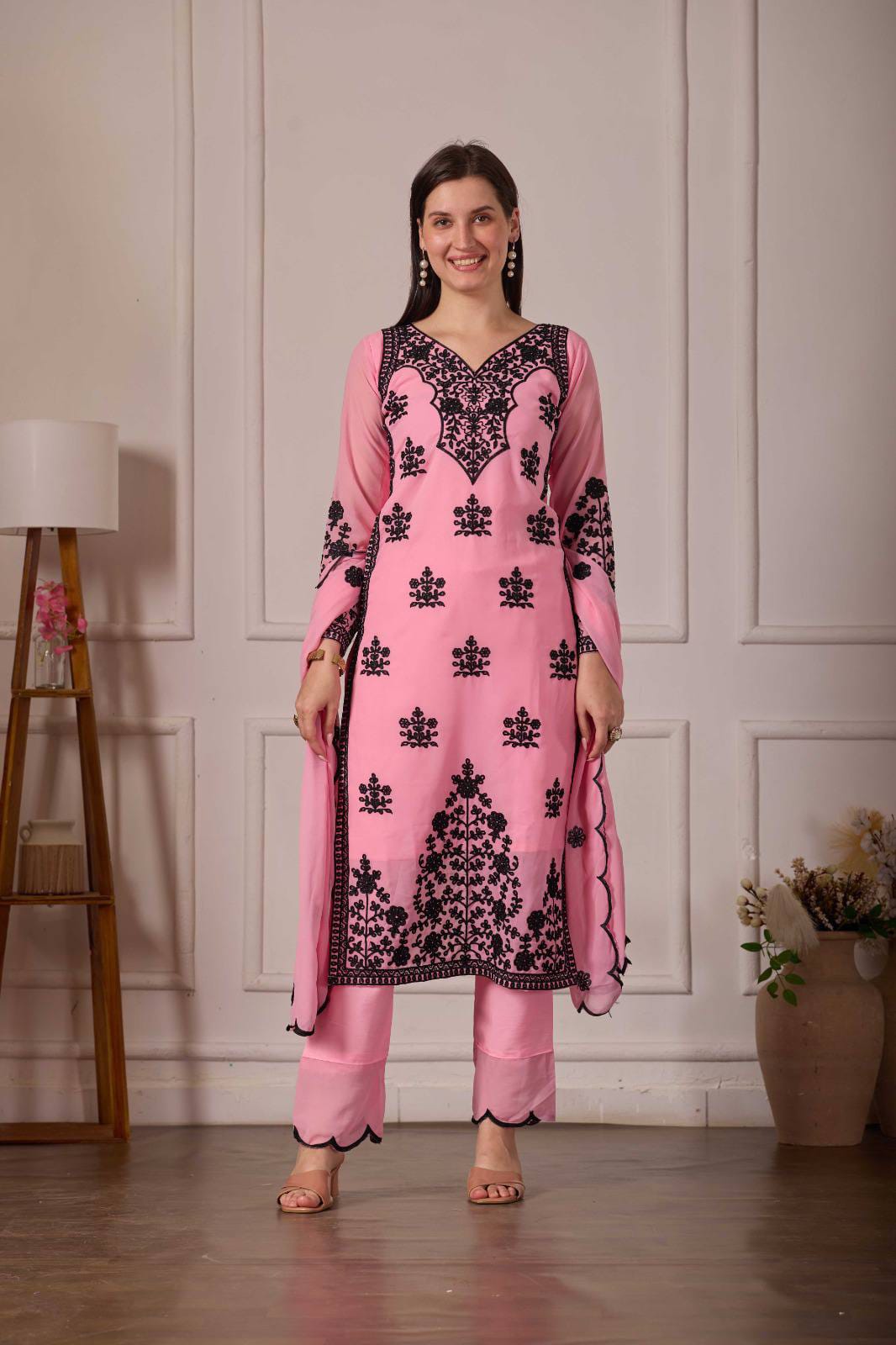ZARIYAAN Pink Blossom Series-9 | Elegant Black Floral Embroidered Work Designer Suit Set