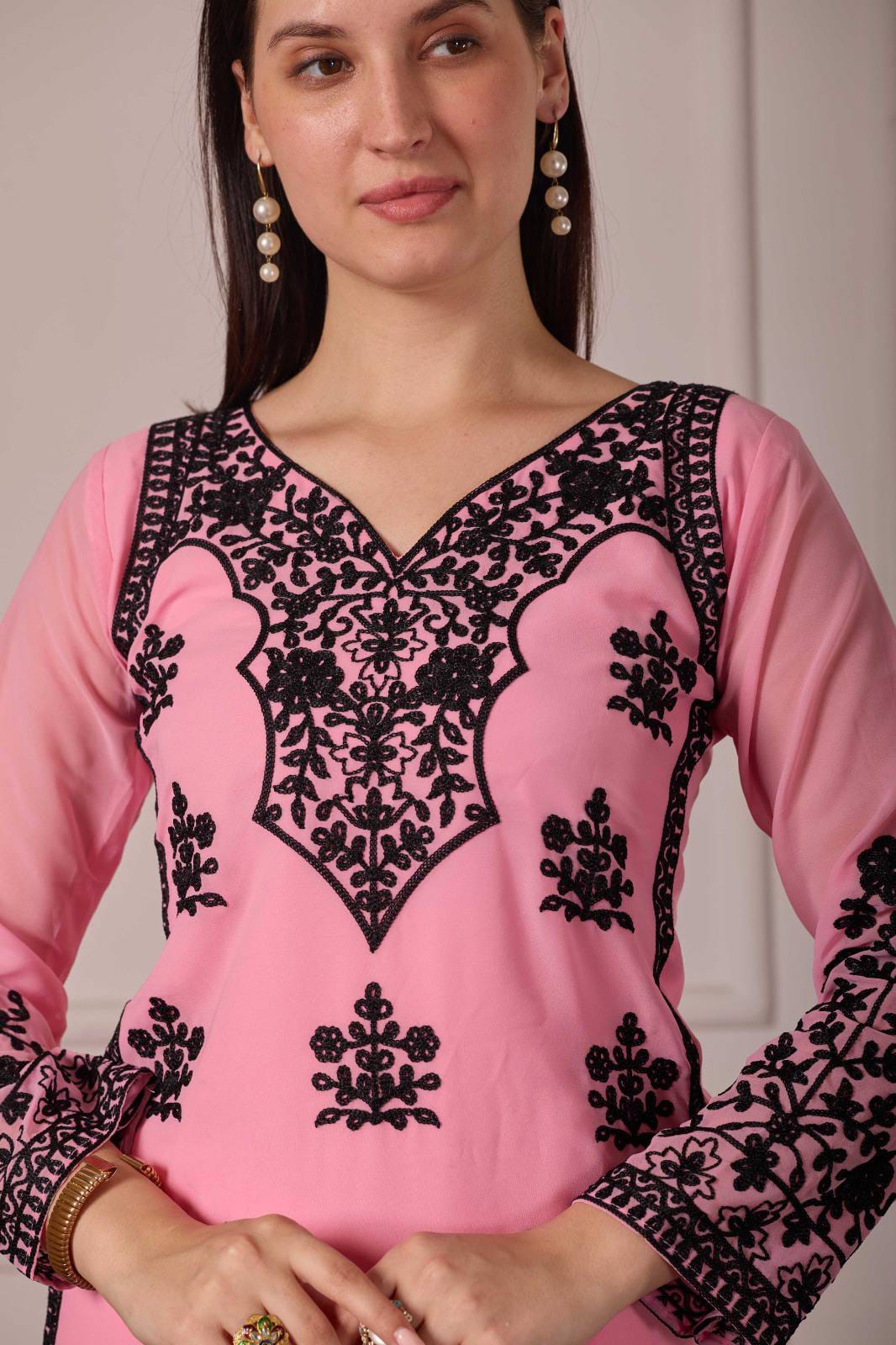ZARIYAAN Pink Blossom Series-9 | Elegant Black Floral Embroidered Work Designer Suit Set