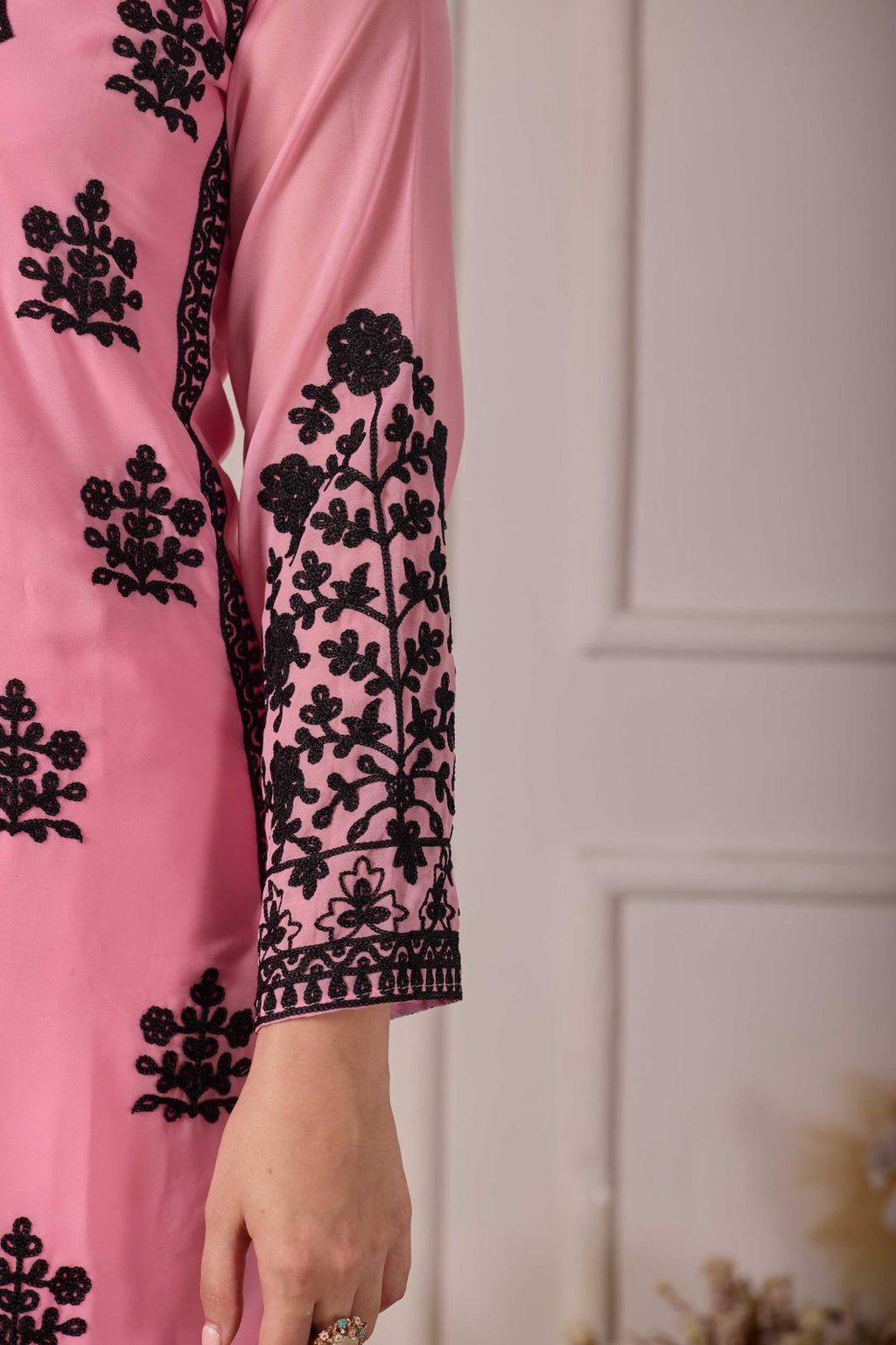 ZARIYAAN Pink Blossom Series-9 | Elegant Black Floral Embroidered Work Designer Suit Set
