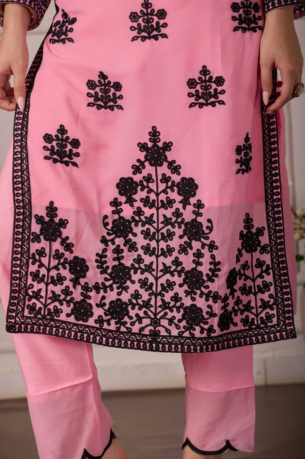ZARIYAAN Pink Blossom Series-9 | Elegant Black Floral Embroidered Work Designer Suit Set