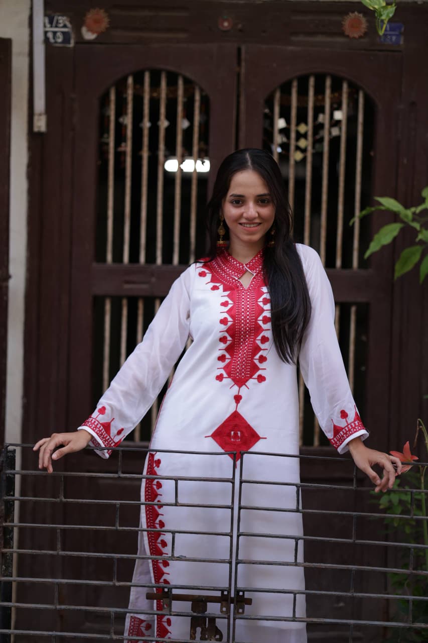 ZARIYAAN'S  ROOH – White & Red Embroidered Dress
