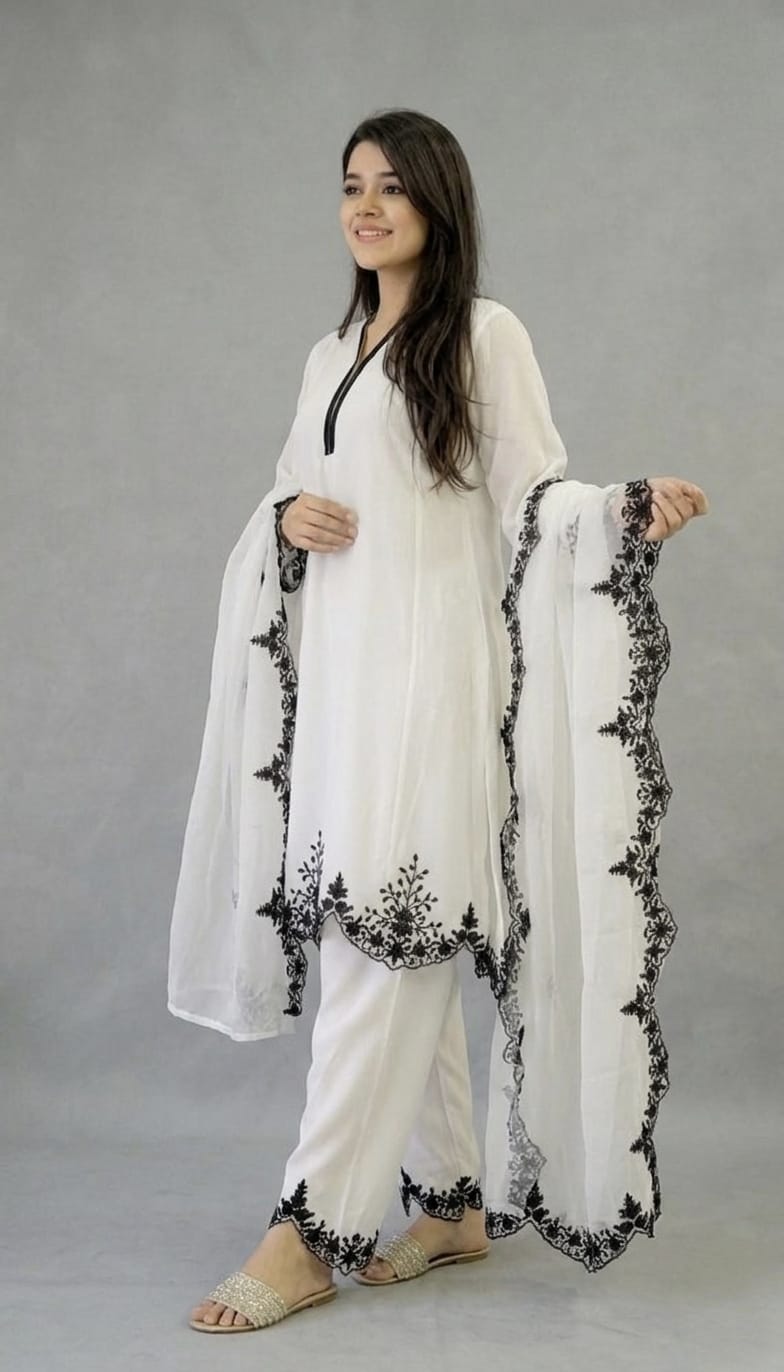 Zariyaan's White Georgette 3 piece Suit With Black Embroidery Work
