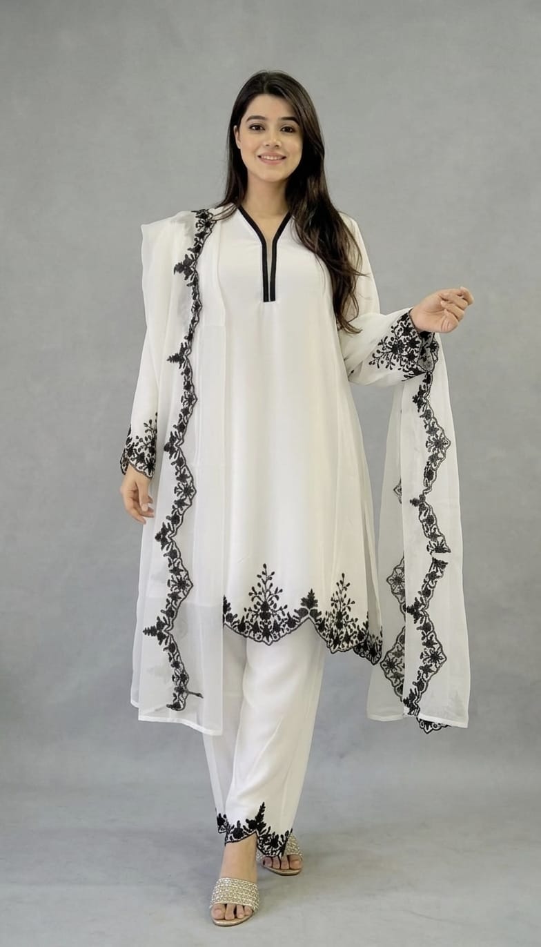 Zariyaan's White Georgette 3 piece Suit With Black Embroidery Work