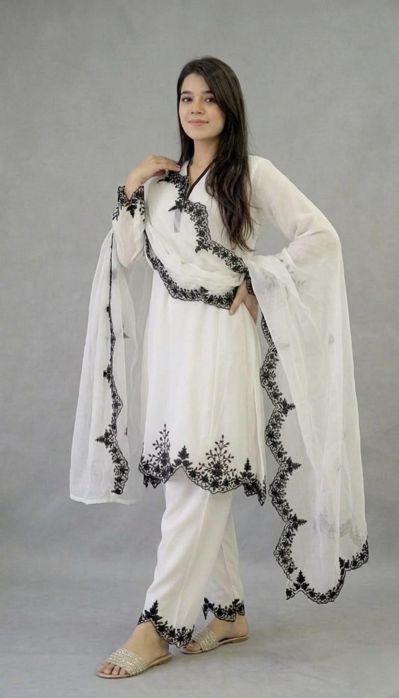 Zariyaan's White Georgette 3 piece Suit With Black Embroidery Work