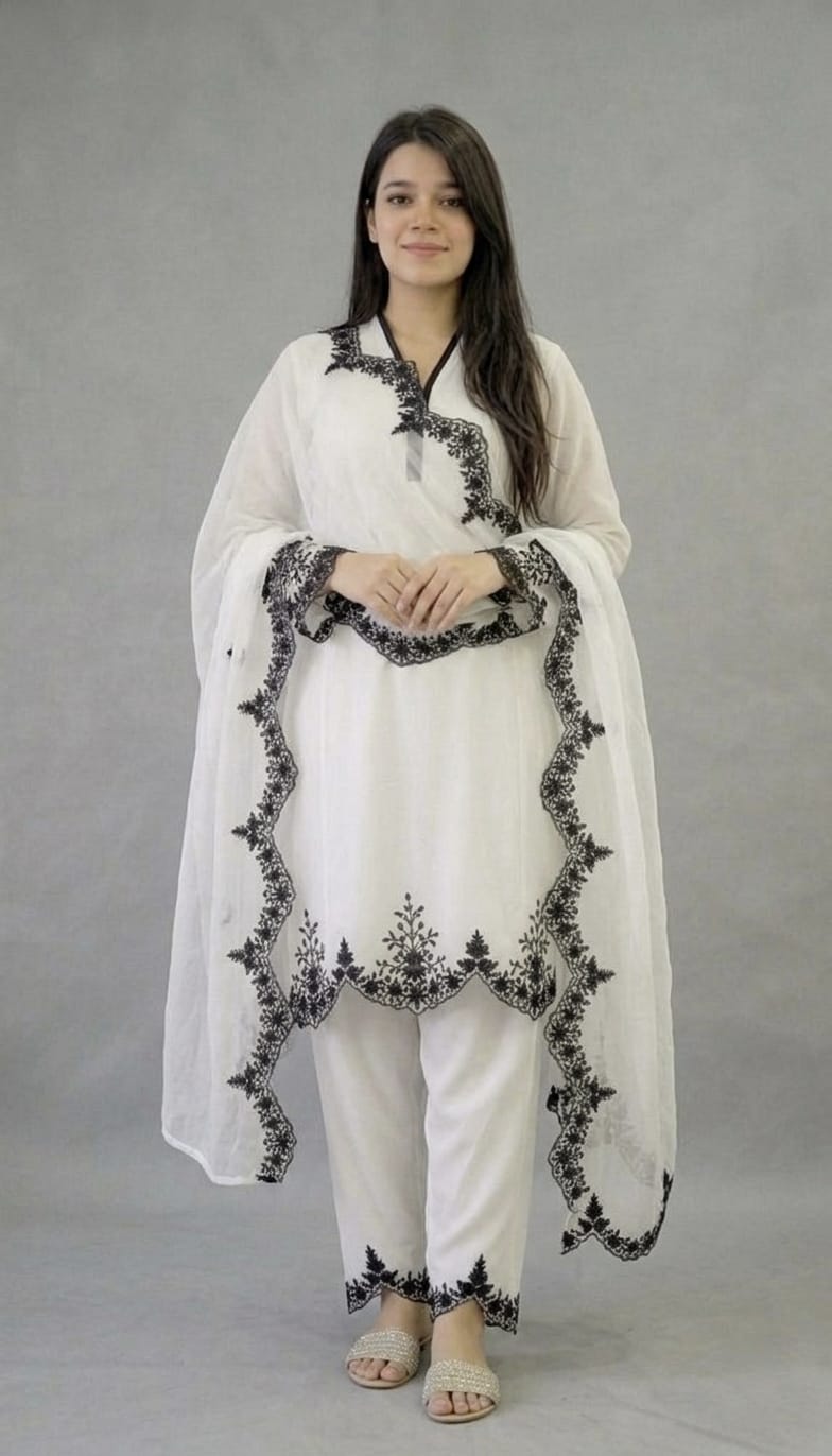 Zariyaan's White Georgette 3 piece Suit With Black Embroidery Work
