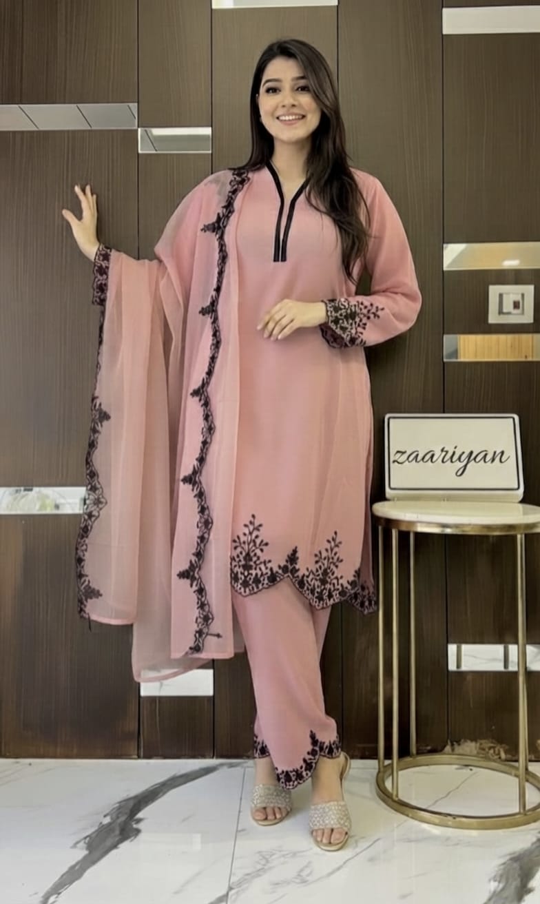 Zariyaan's Pink Georgette 3 piece Suit With Black Embroidery Work