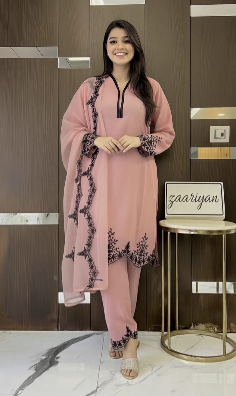 Zariyaan's Pink Georgette 3 piece Suit With Black Embroidery Work