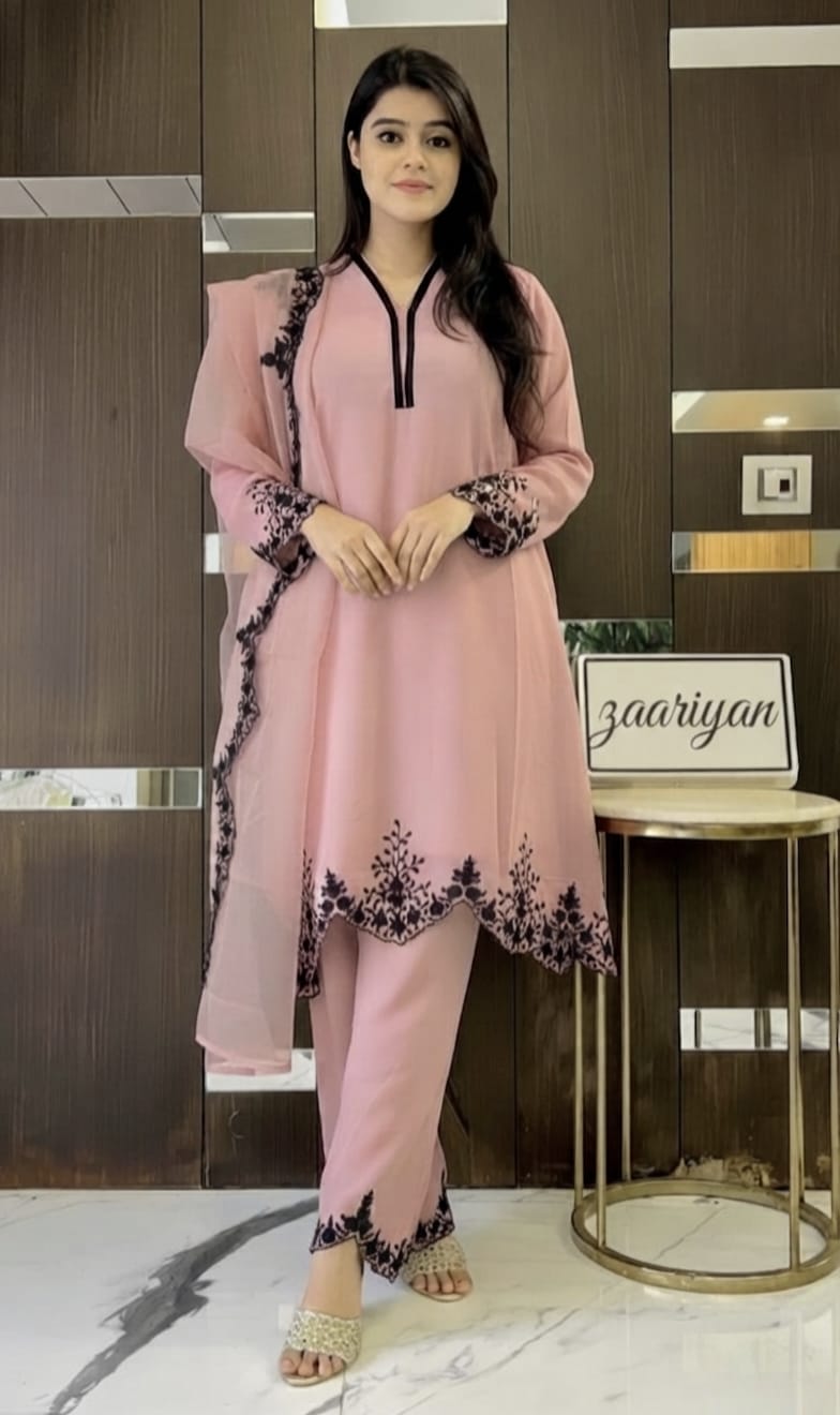 Zariyaan's Pink Georgette 3 piece Suit With Black Embroidery Work