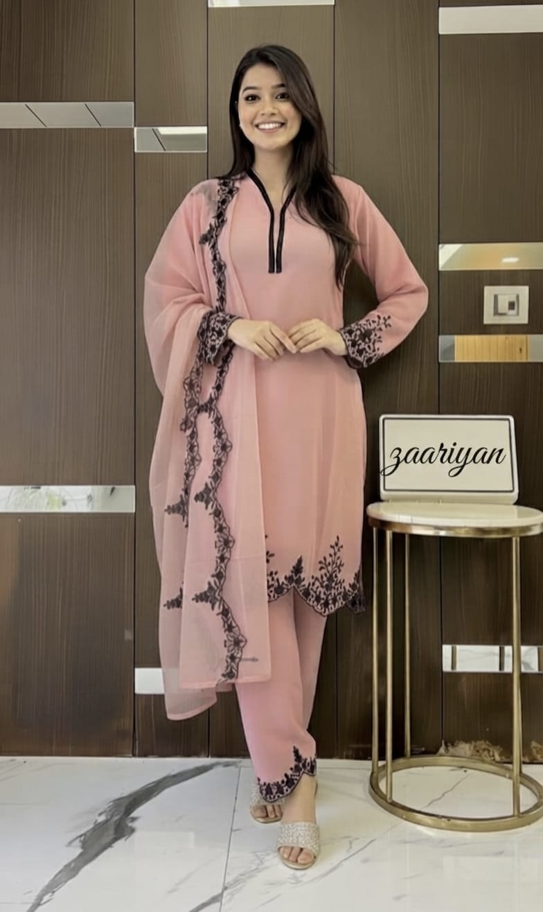 Zariyaan's Pink Georgette 3 piece Suit With Black Embroidery Work