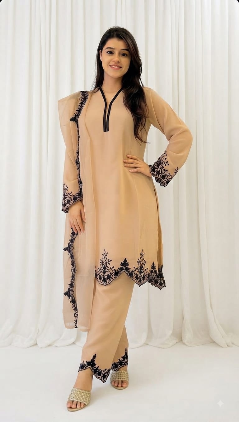 Zariyaan's Cream Georgette 3 piece Suit With Black Embroidery Work