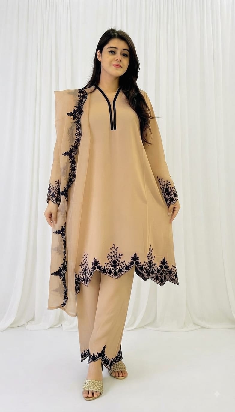 Zariyaan's Cream Georgette 3 piece Suit With Black Embroidery Work