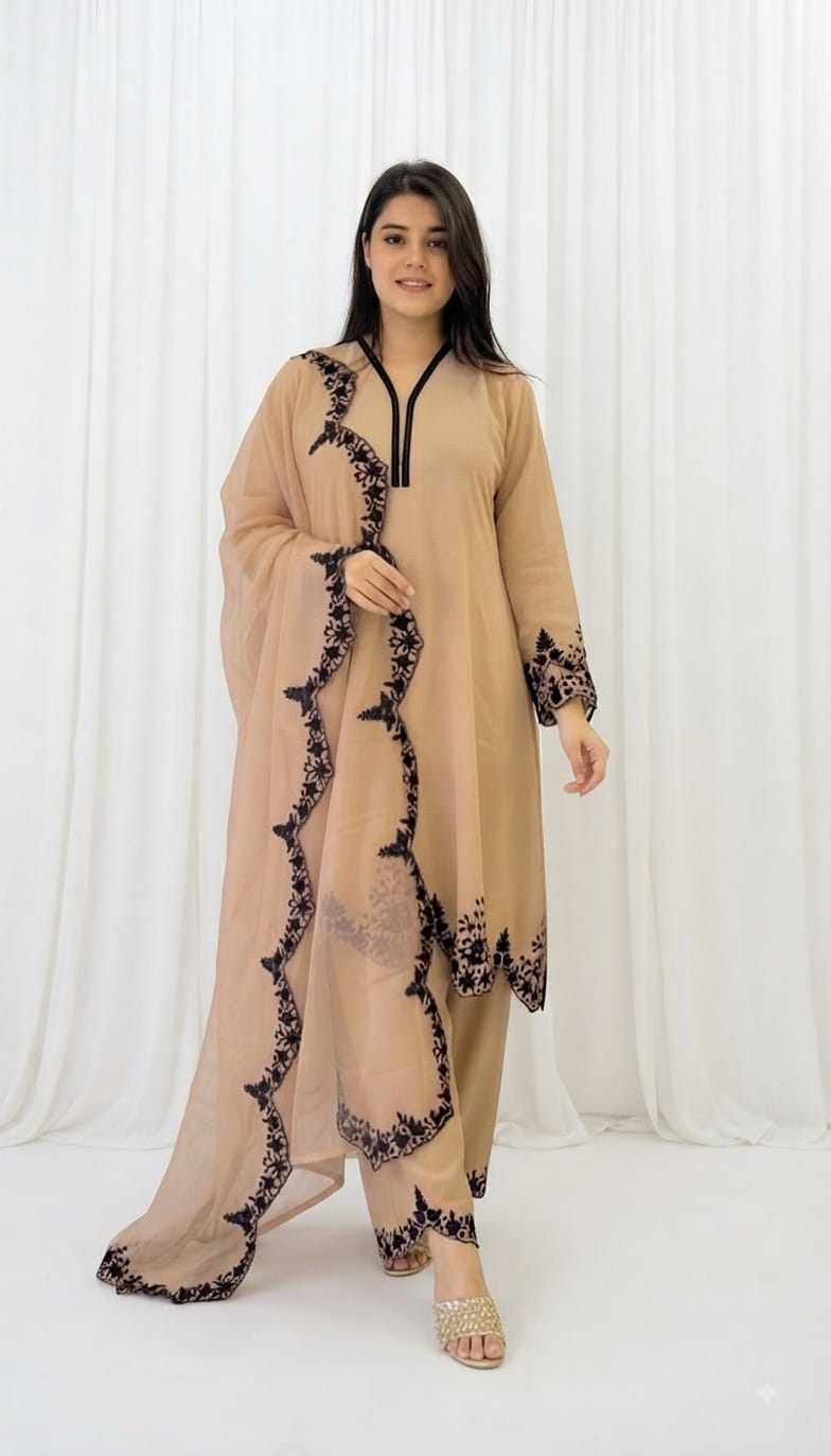 Zariyaan's Cream Georgette 3 piece Suit With Black Embroidery Work