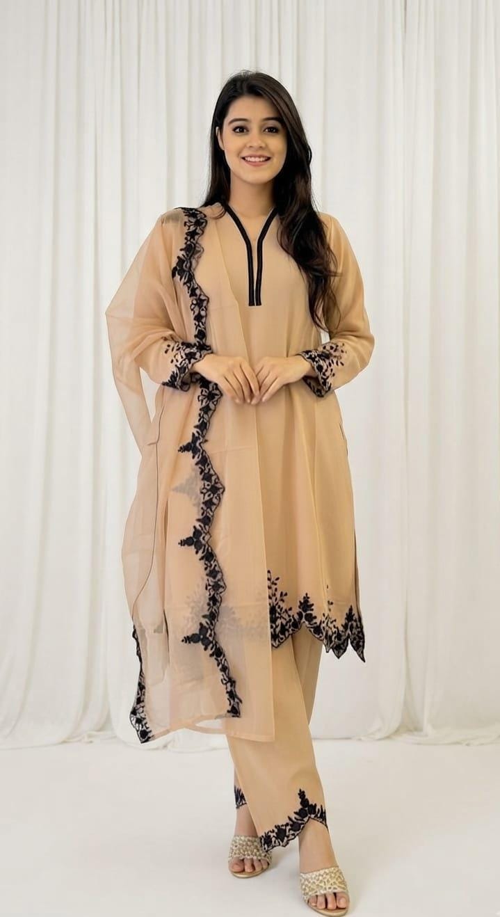 Zariyaan's Cream Georgette 3 piece Suit With Black Embroidery Work