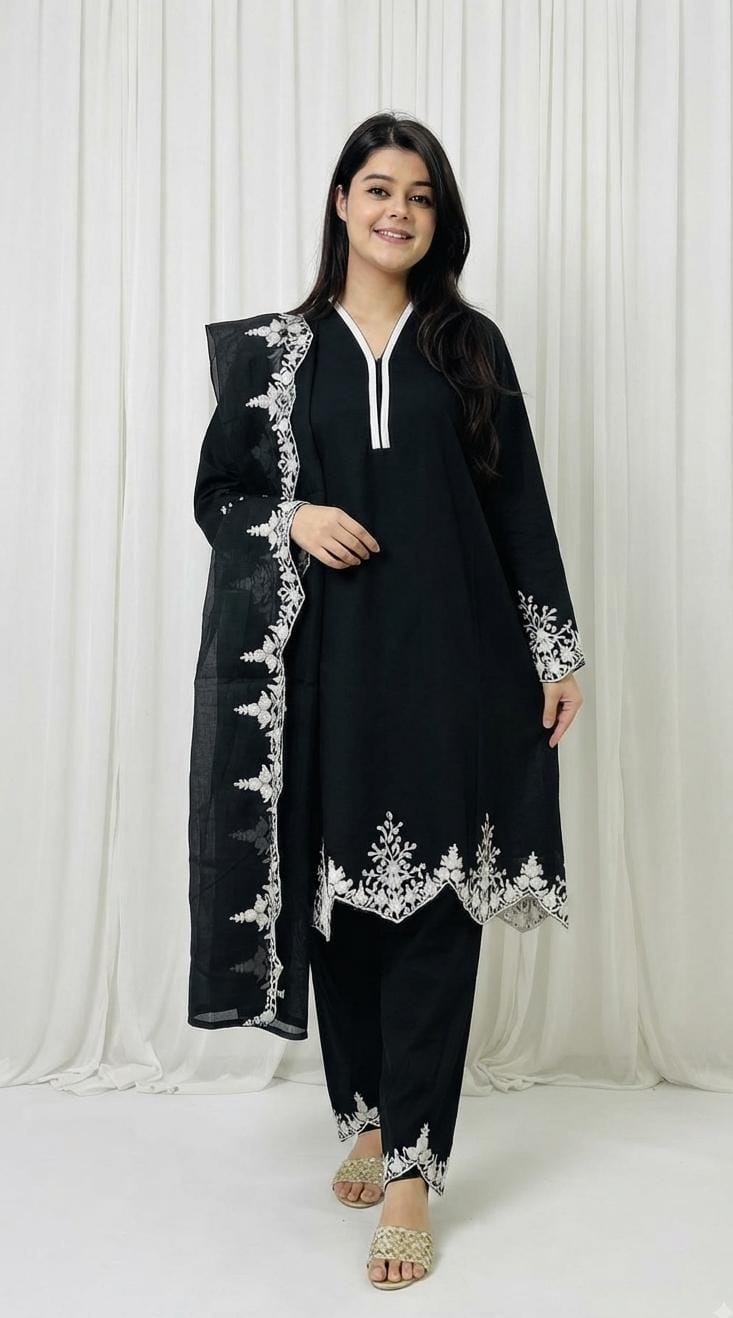 Zariyaan's Black Georgette 3 piece Suit With Black Embroidery Work