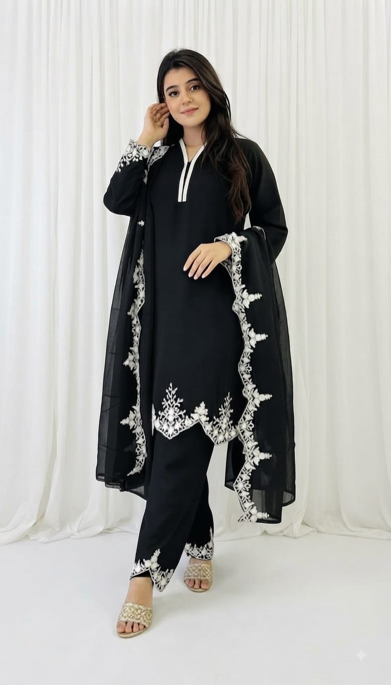 Zariyaan's Black Georgette 3 piece Suit With Black Embroidery Work