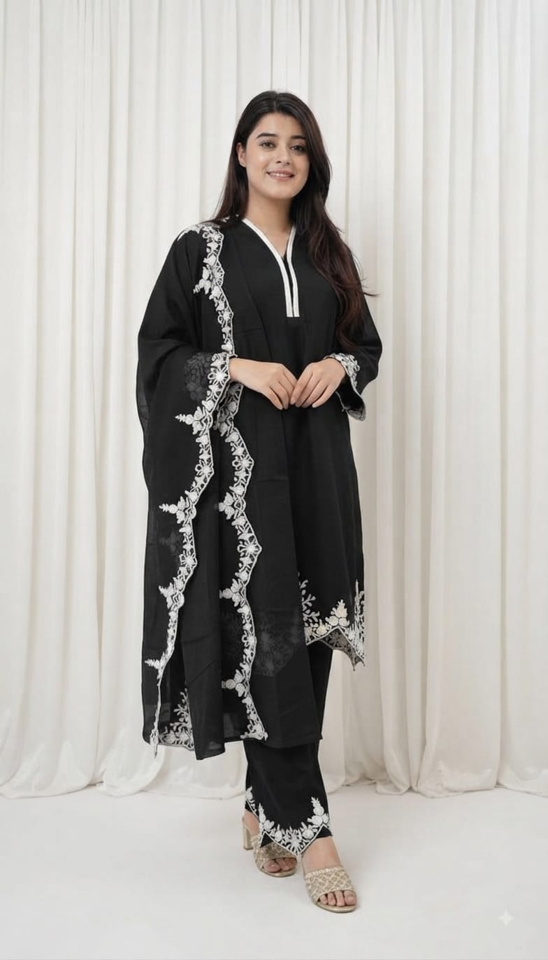 Zariyaan's Black Georgette 3 piece Suit With Black Embroidery Work