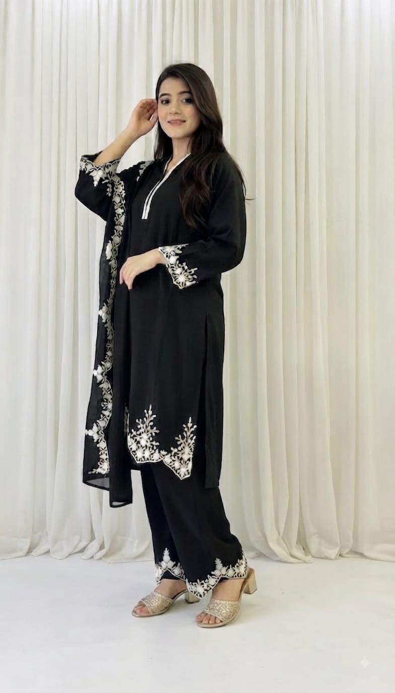 Zariyaan's Black Georgette 3 piece Suit With Black Embroidery Work