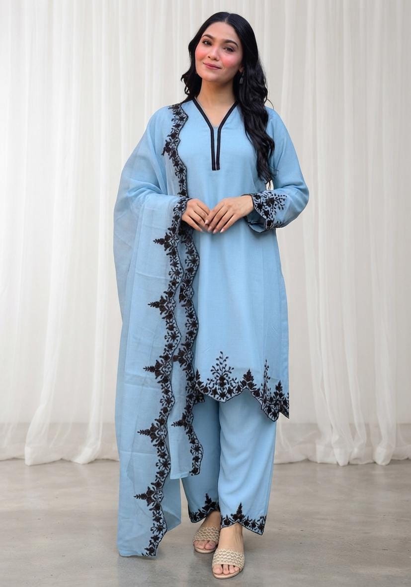 Zariyaan's Sky Georgette 3 piece Suit With Black Embroidery Work