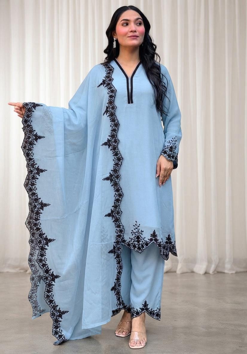 Zariyaan's Sky Georgette 3 piece Suit With Black Embroidery Work