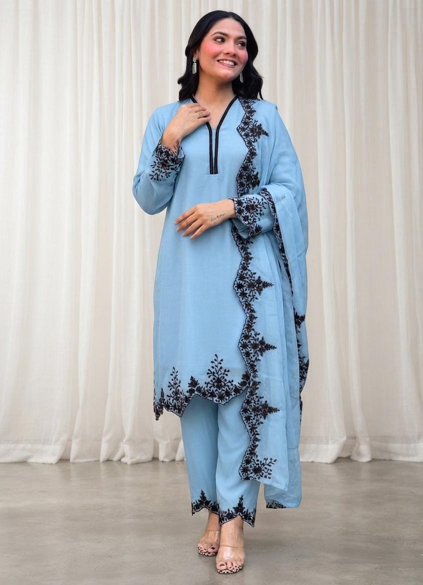 Zariyaan's Sky Georgette 3 piece Suit With Black Embroidery Work