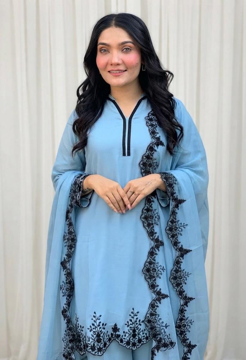 Zariyaan's Sky Georgette 3 piece Suit With Black Embroidery Work